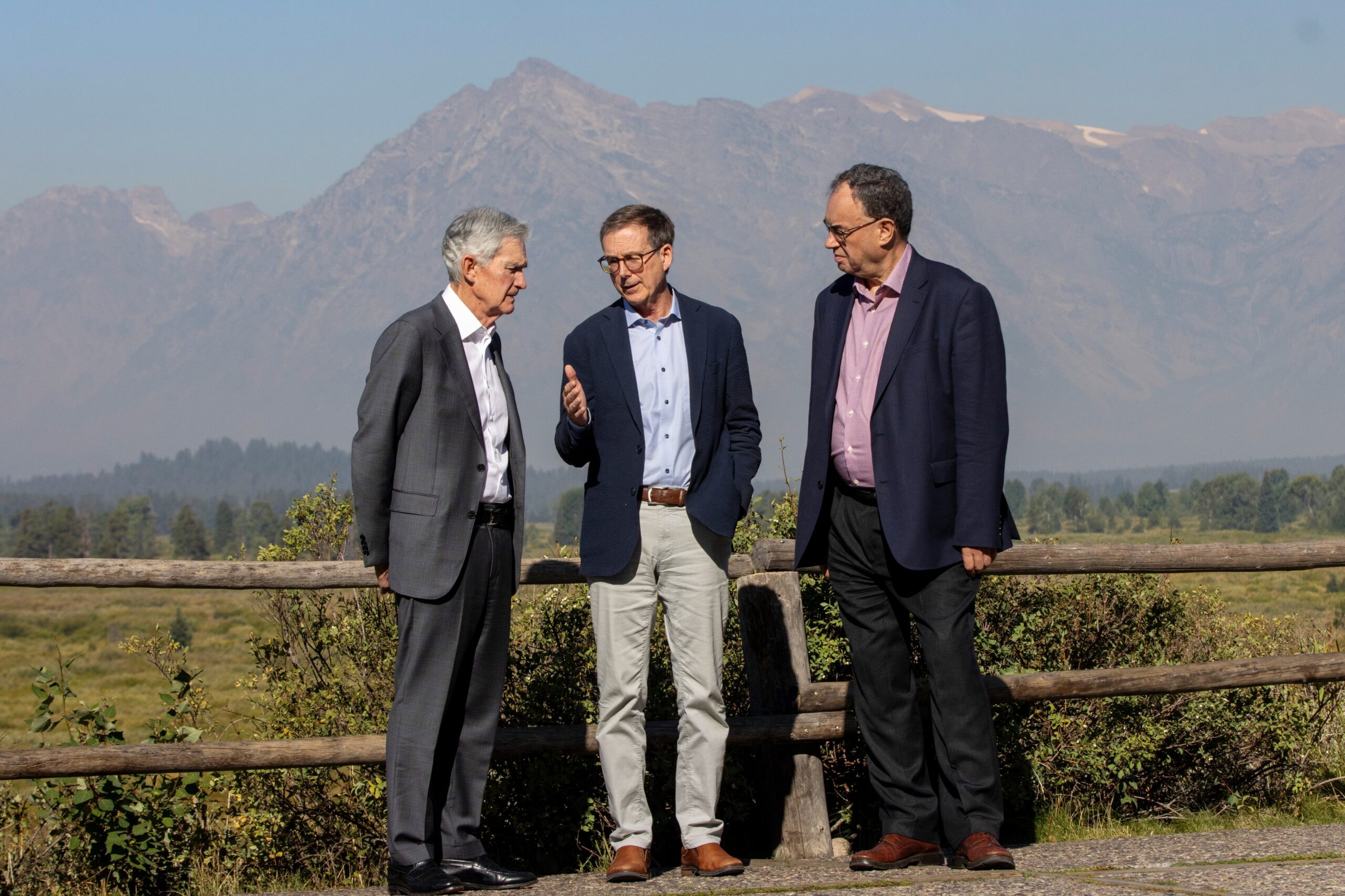 Powell, left, and Bailey with Tiff Macklem, governor of the Bank of Canada, centre, at Jackson Hole, Wyoming, on Friday